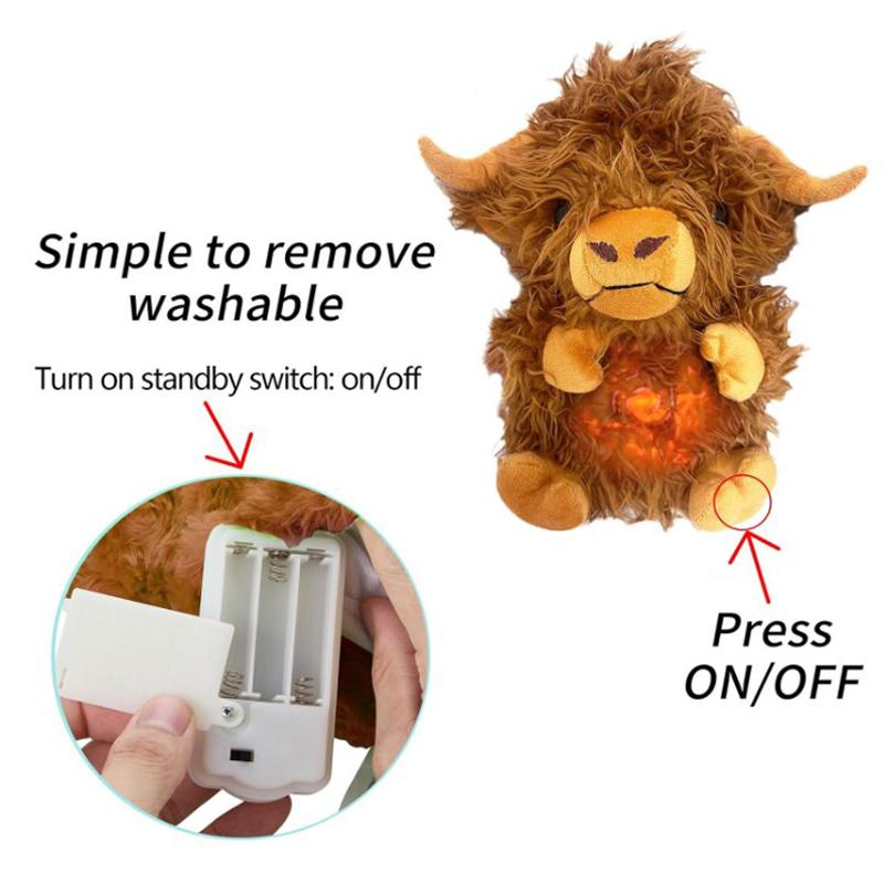 Highland Cow Ease Anxiety Sleep Aid Stuffed Toy Musical Light Rhythmic Breathing
