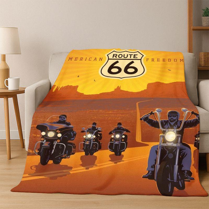 Retro Route66 America Mother Road Sign Flannel Blanket Soft Warm Throw Blanket for Bedroom Living Room Bed Travel Camping Picnic