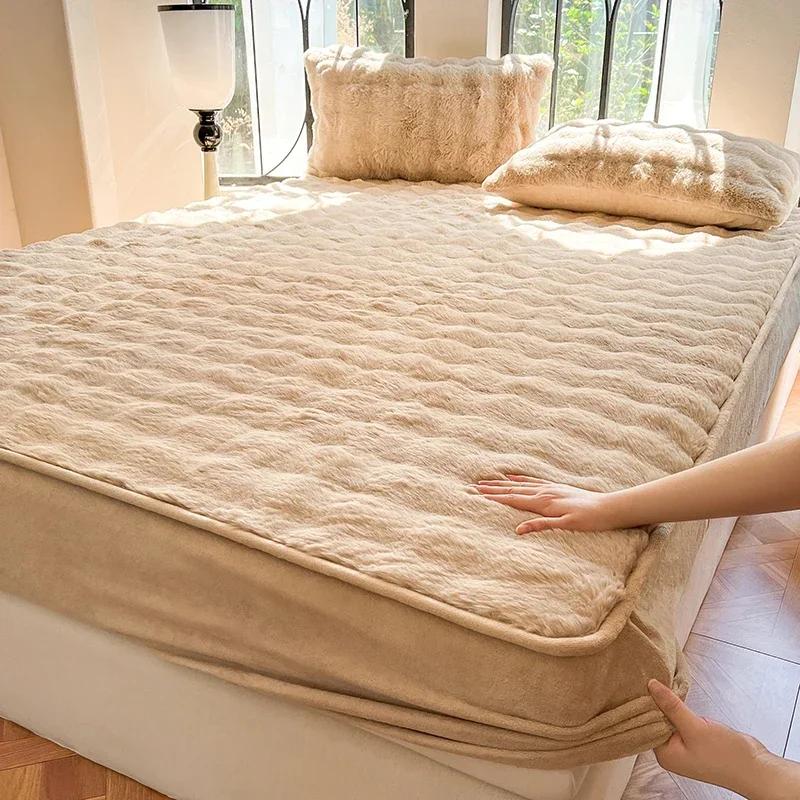 

Пушистая плюшевая простыня на резинке, однотонный длинный флисовый чехол для двуспальной кровати, зимний теплый чехол для матраса pillowcase 2pcs