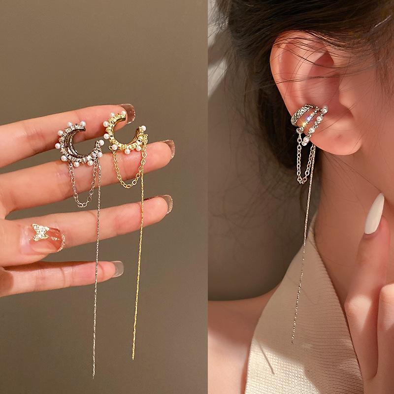 Luxury Multi-Layer Clip Earrings For Women Geometric Shiny Zircon Pearl Ear Bone No Pierced Long Chain Tassel Earring
