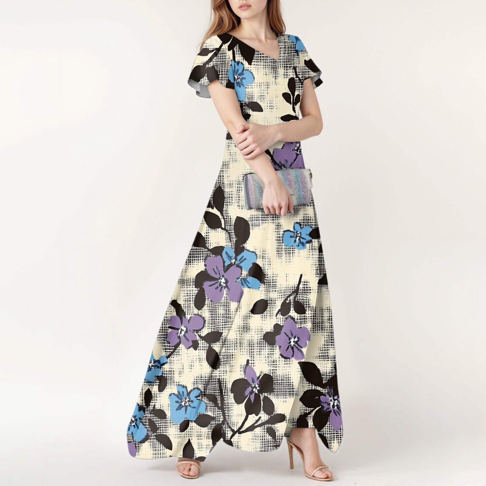 

Женское весенне-летнее повседневное модное платье с цветочным принтом и коротким рукавом, V-образный вырез M фиолетовый