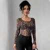 Independent Station Summer Women's Fashion Transparent Leopard Printed Mesh Round Collar Long Sleeve Slim T-shirt Versatile Fashion Shirt