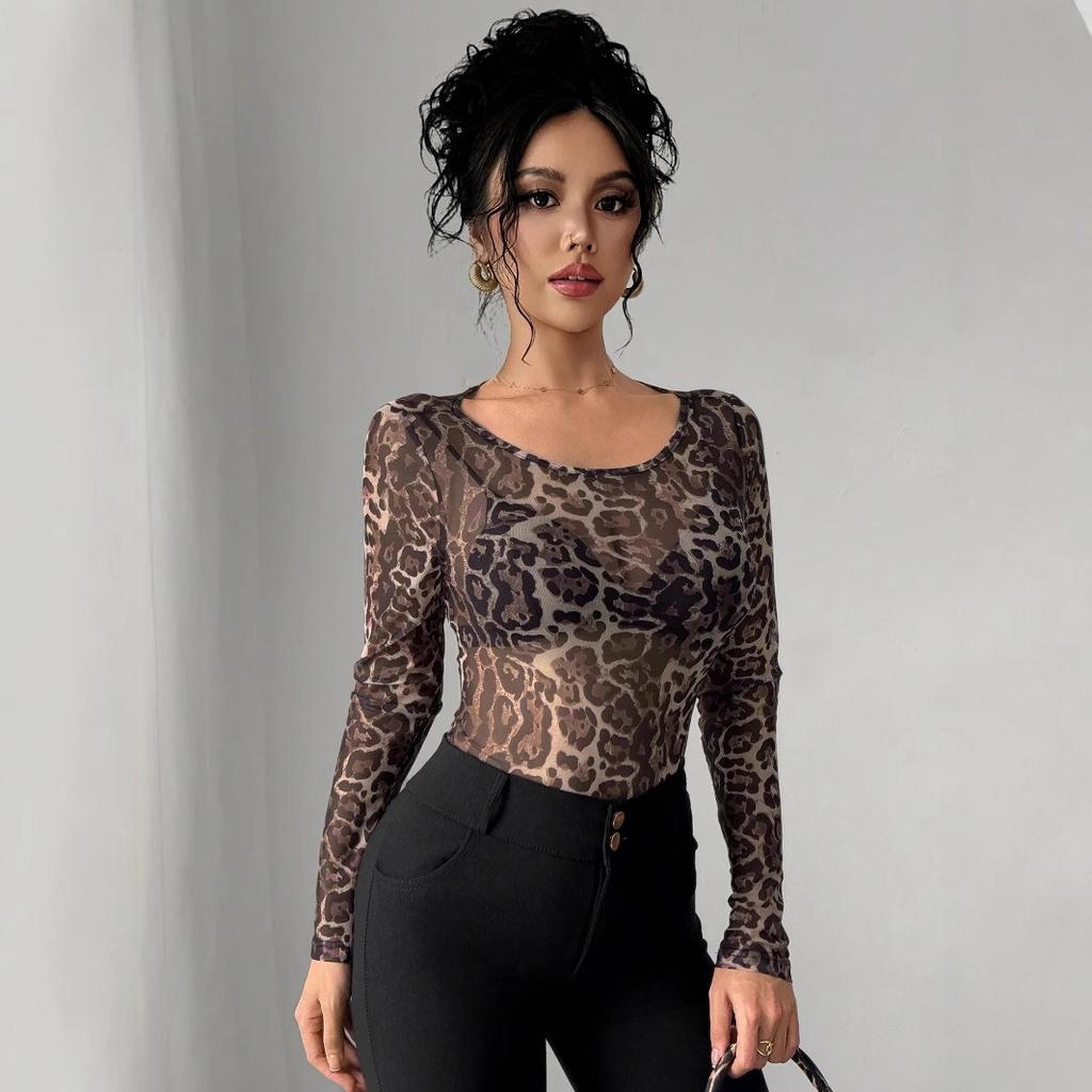Independent Station Summer Women's Fashion Transparent Leopard Printed Mesh Round Collar Long Sleeve Slim T-shirt Versatile Fashion Shirt