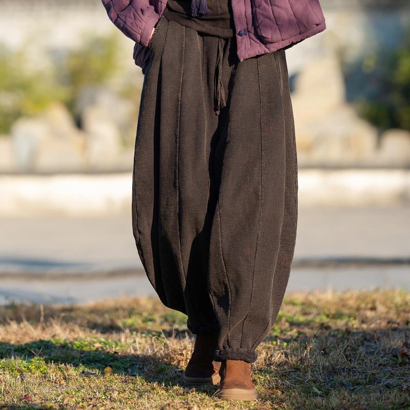 Johnature Women Vintage Bloomers Pants Solid Color Loose Trousers Winter Elastic Waist Chinese Style Pants