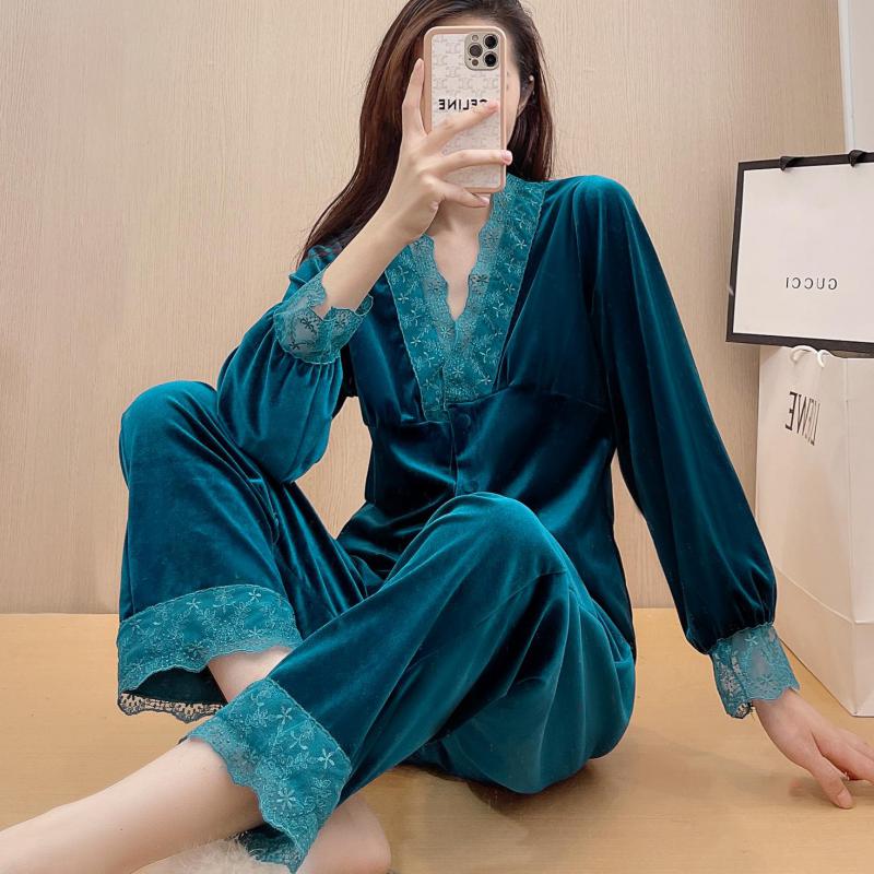 Women Sexy Pajamas Set 2PCS Shirt&Pant Velvet V-neck Lace Trouser Suits Loose Home Clothes Lounge Wear Long Sleeved Pijamas