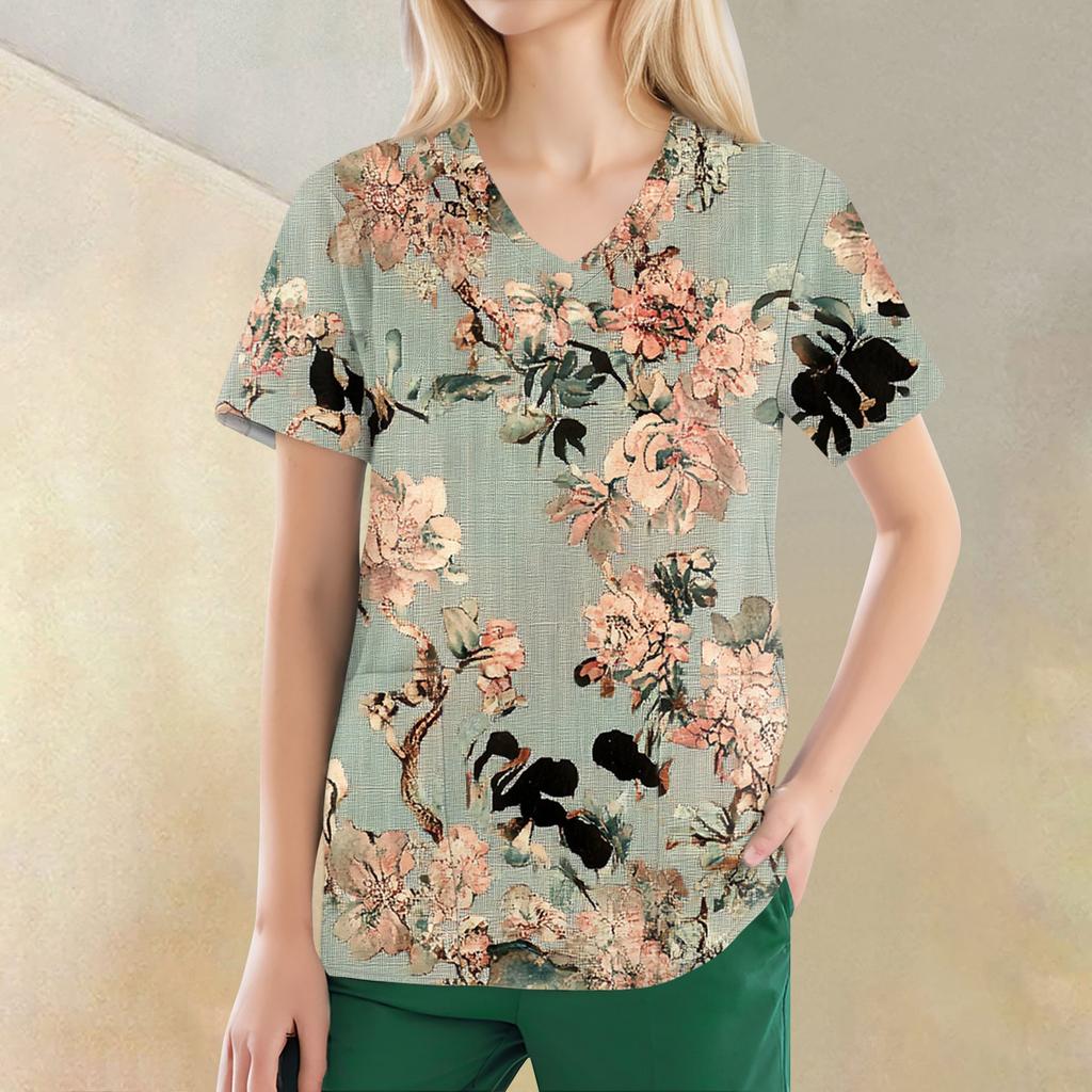 Women's V-neck Fashion Casual Printed Tops And Protective Workwear