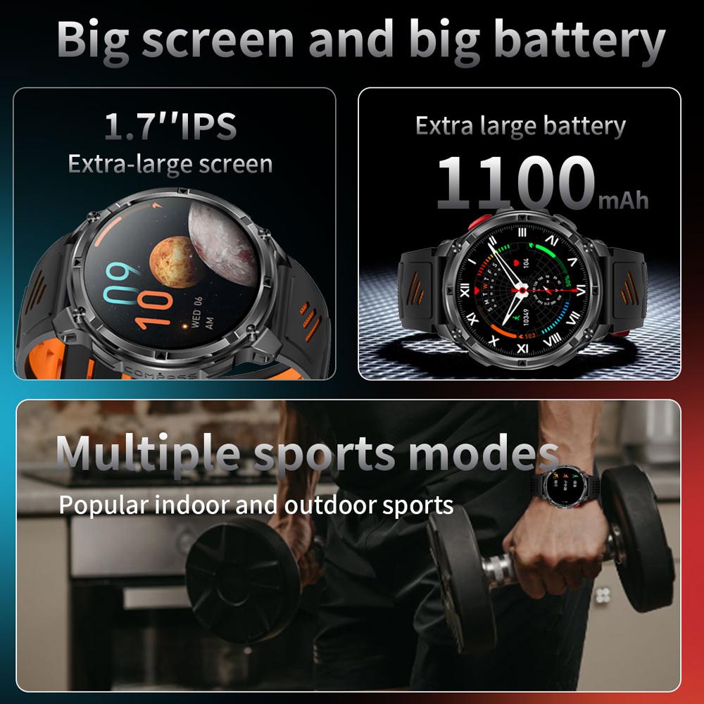 Militärische 1100mAh Super-Große Batterie Herren Kompass Smartwatch 1,7-Zoll AMOLED Bluetooth-Anruf IP68 Wasserdicht Sport Smartwatch