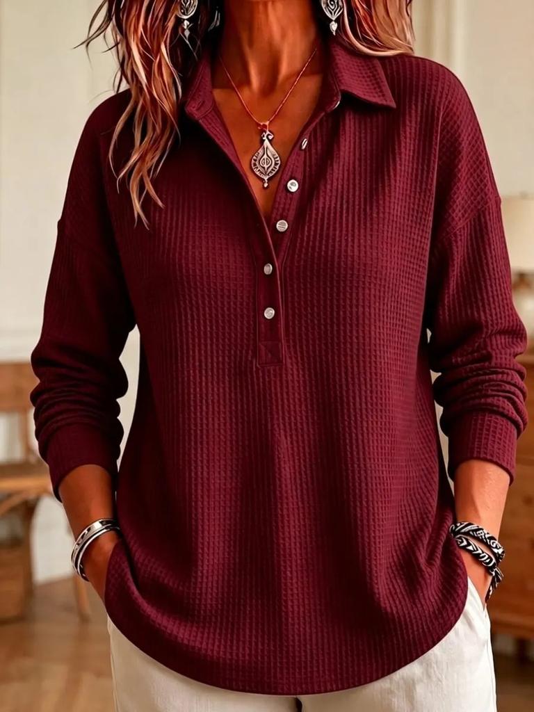 Damen S Waffelstrick Langarm Pullover T-Shirt Locker Lässiges Oberteil