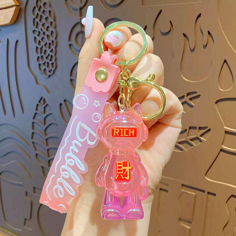 Creative Cartoon Acrylic Crystal Luminous Lucky Cat Keychain Couple Cute Schoolbag Pendant Small Gift