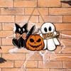 Halloween Window Display Wooden Door Sign, Pumpkin Ghost Boo Black Cat Welcome Hanging Wood Decor Sign for Trick or Treat Party Indoor Outdoor