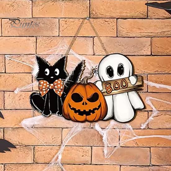 Halloween Window Display Wooden Door Sign, Pumpkin Ghost Boo Black Cat Welcome Hanging Wood Decor Sign for Trick or Treat Party Indoor Outdoor