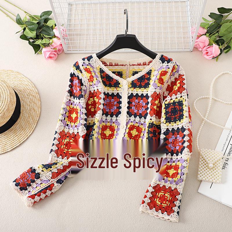 Retro Chic V-Neck Crochet Cardigan - Women's Lightweight Long Sleeve Summer Top