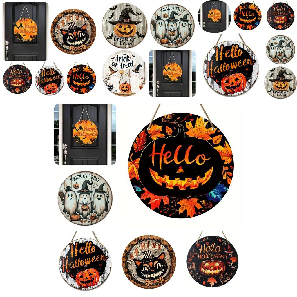 Contemporary Round Wooden Decor Sign For Halloween With Charming Black Cat Pumpkin And Ghost Motifs