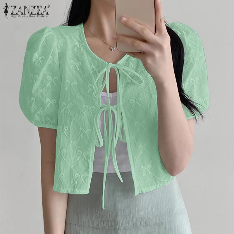 

ZANZEA Women Casual Lace Up Round Neck Short Sleeve Embroidery Cardigan Tops S белый