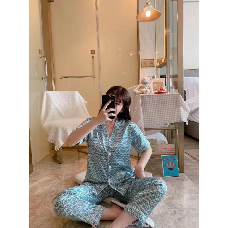 2Pcs/set Women's Pajamas Autumn and Winter Silk Cardigan Printing Loose Short-sleeved Trousers College Students Homew