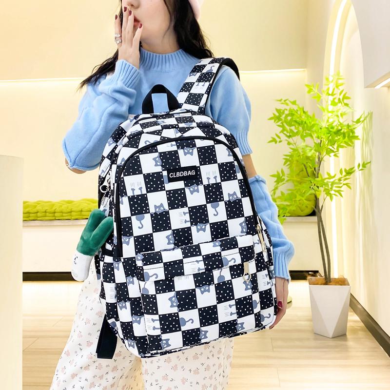 Three-Piece Backpack Set Large Capacity Student Schoolbag Junior High School Student Checkerboard Backpack with Lunch Bag Pen Bag