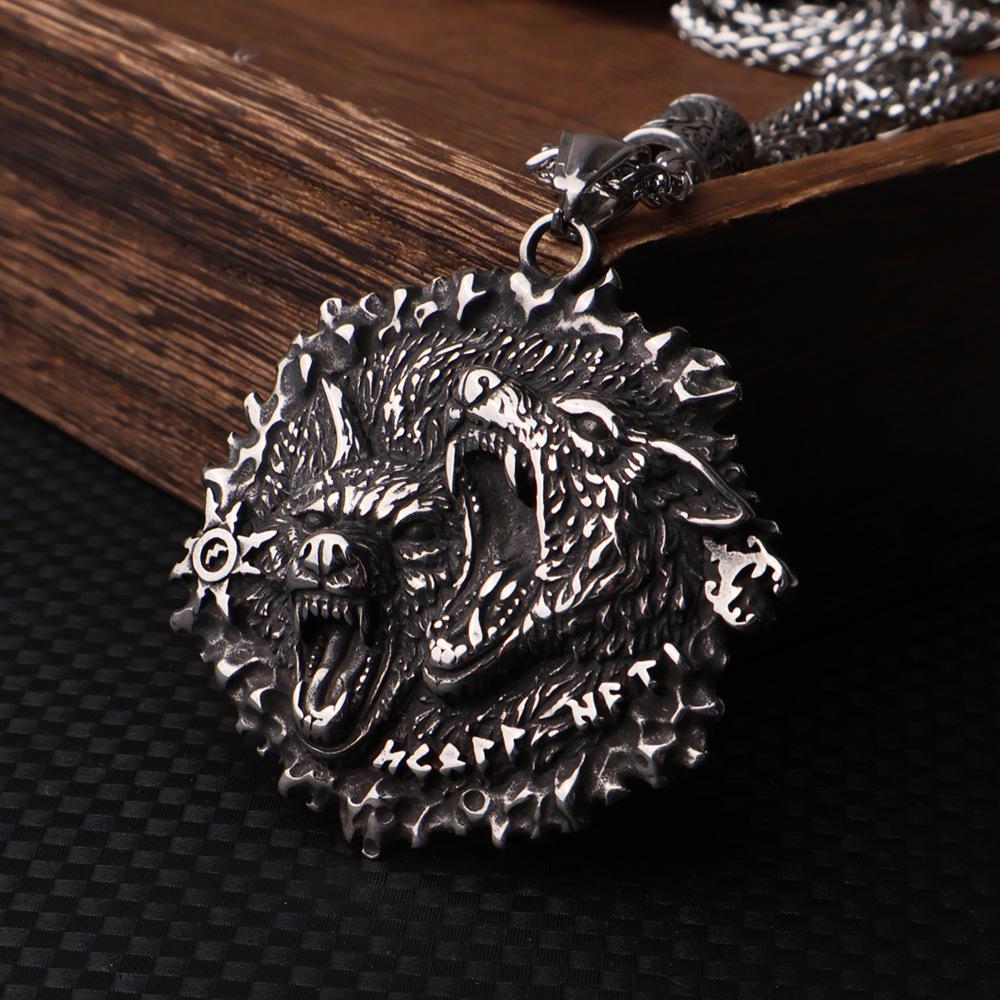 Viking Double Wolf Head Rune Pendant Necklace Hip Hop Long Jewelry Pendant