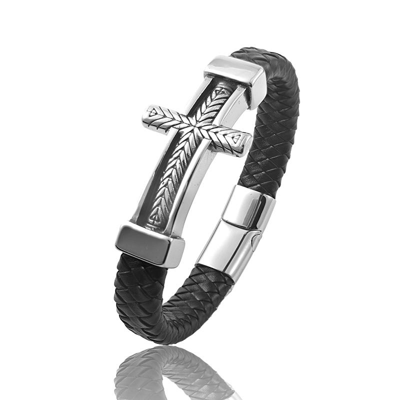 

MingAo Stainless Steel Cross Design Bracelet Men Wrist Band Charm Black Leather Wristband Stylish Casual Bangle Xmas Jewelry 22cm серебряный