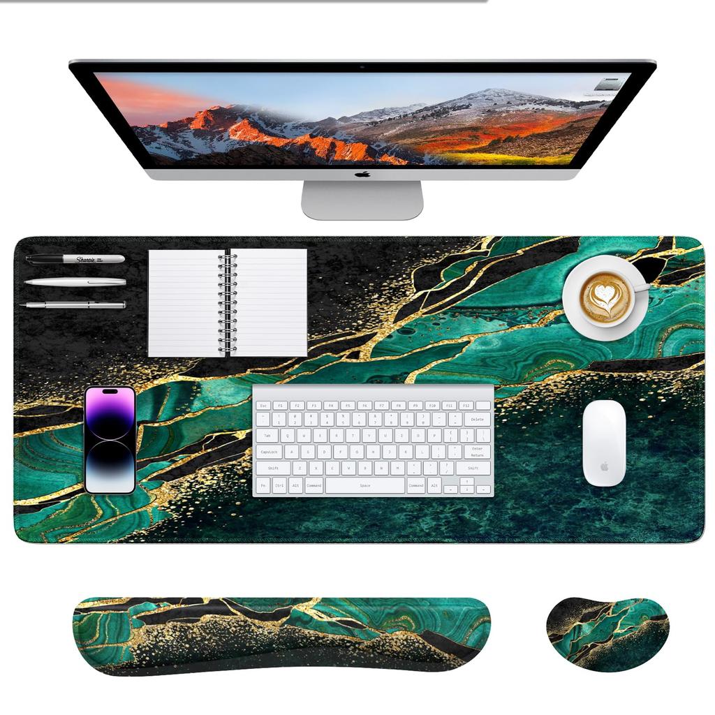 iCasso Mouse Pad and Wrist Rest 90x40cm Large Gaming Mouse Pad with Memory Foam Wrist Cushion for Keyboard and 45cm 14cm Ergonomic Rubber 3-Piece Set,