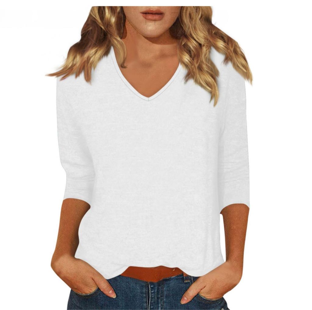 Women's Daily Versatile Casual V-Neck Solid Color Seven-Sleeve T-Shirt Top