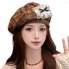 Autumn retro plaid beret bear bow octagonal hat showing face little painter hat woman