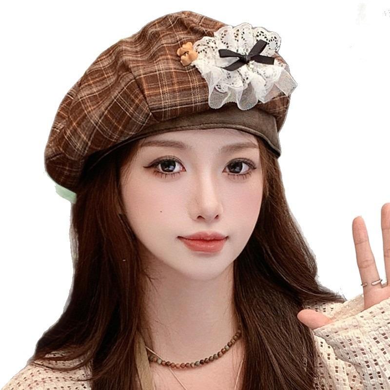 Autumn retro plaid beret bear bow octagonal hat showing face little painter hat woman