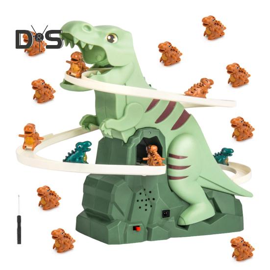 Elektrisches Dinosaurier-Bahn-Rutschenspielzeug mit leichter Musik, Cartoon-Dinosaurier, automatische Treppensteig-Achterbahn, Rutschbahn-Spielzeug, Geschenk für Kleinkinder, Jungen und Mädchen