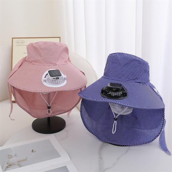 Solar Fan Hat Striped Wide Brim Sun Bucket Hat with Built-in Fan UV Protection Fishing Hat with Neck Flap for Outdoor Camping Hiking Gardening