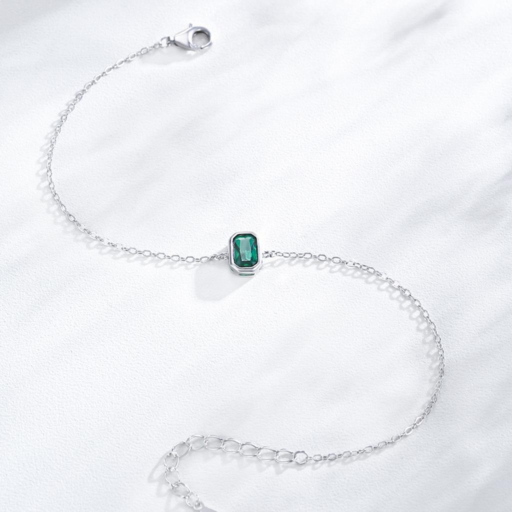 Ailmay 925 Sterling Silver Vintage Green Rectangular Zircon Chain Bracelet for Women Engagement Wedding Anniversary Gift