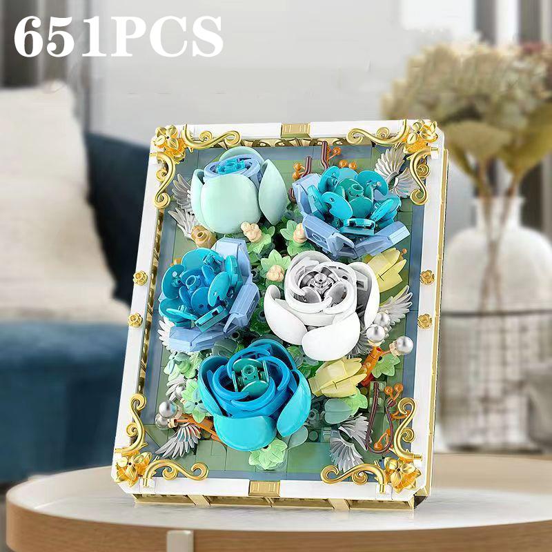 Non-Toxic 651Pcs Preserved Flower Po Frame Building Blocks Blue White Rose 3D Puzzle Toy Diy Model Bricks Flower Kids Holiday Gifts