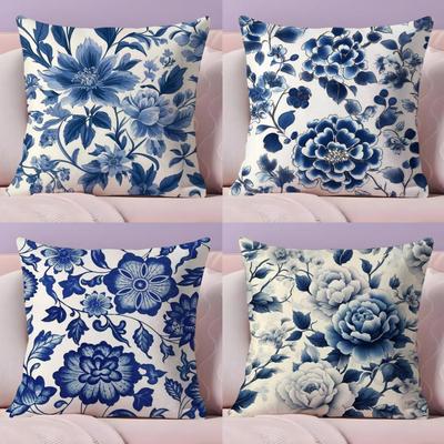 Blue And White Porcelain Cushion Cover Natural Linen Organic Fabric Double-Sided Printing Sofa Home Decor Gift Pillow Cover