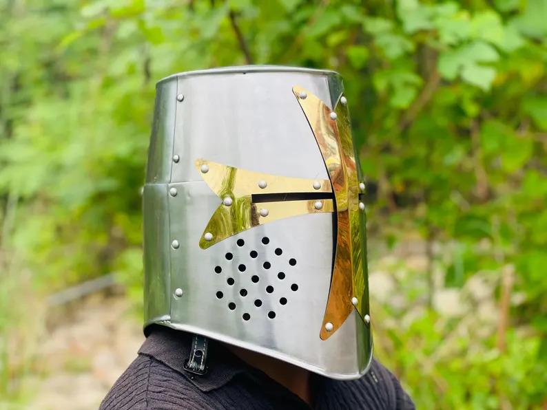 Templar Crusader Knight Helmet~ Medieval Great Helm, Larp And Cosplay Helmet ,Handmade Steel & Brass Cross Helmet , Collectible Gift