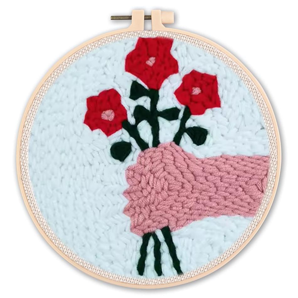 DIY Punch Needle Kits for Beginners Flower with Hoop Embroidery Punch Needle Starter Craft Set Festival Gift and Decoration