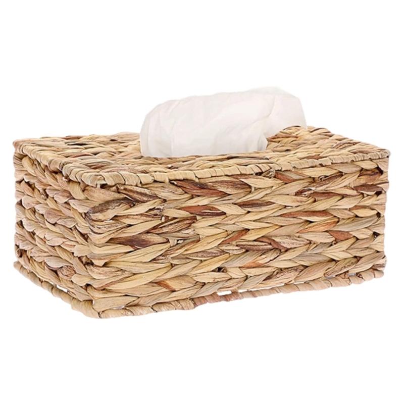 Handmade Water Hyacinth Storage Basket for Tissues Woven Paper Towel Box with Lid Natural Home Decoration
