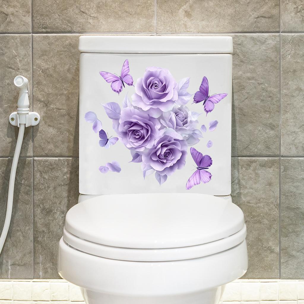 Elegant Purple Flowers and Butterfly Toilet and Wall Sticker Set Waterproof Self-Adhesive Decal for Bathroom WC Decoration