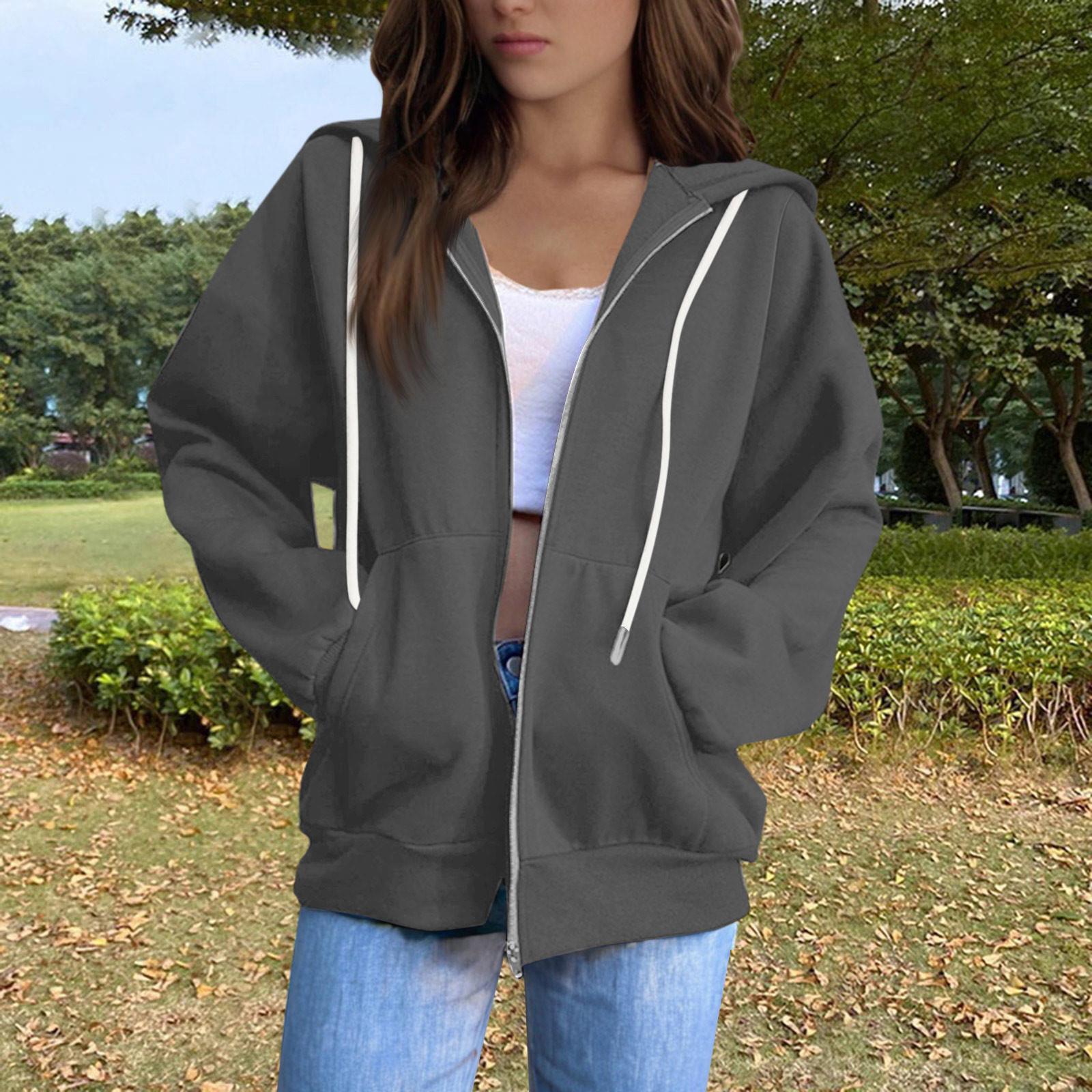 

Женская однотонная толстовка с длинными рукавами, круглым вырезом, плюшевой молнией, капюшоном и шнурком M