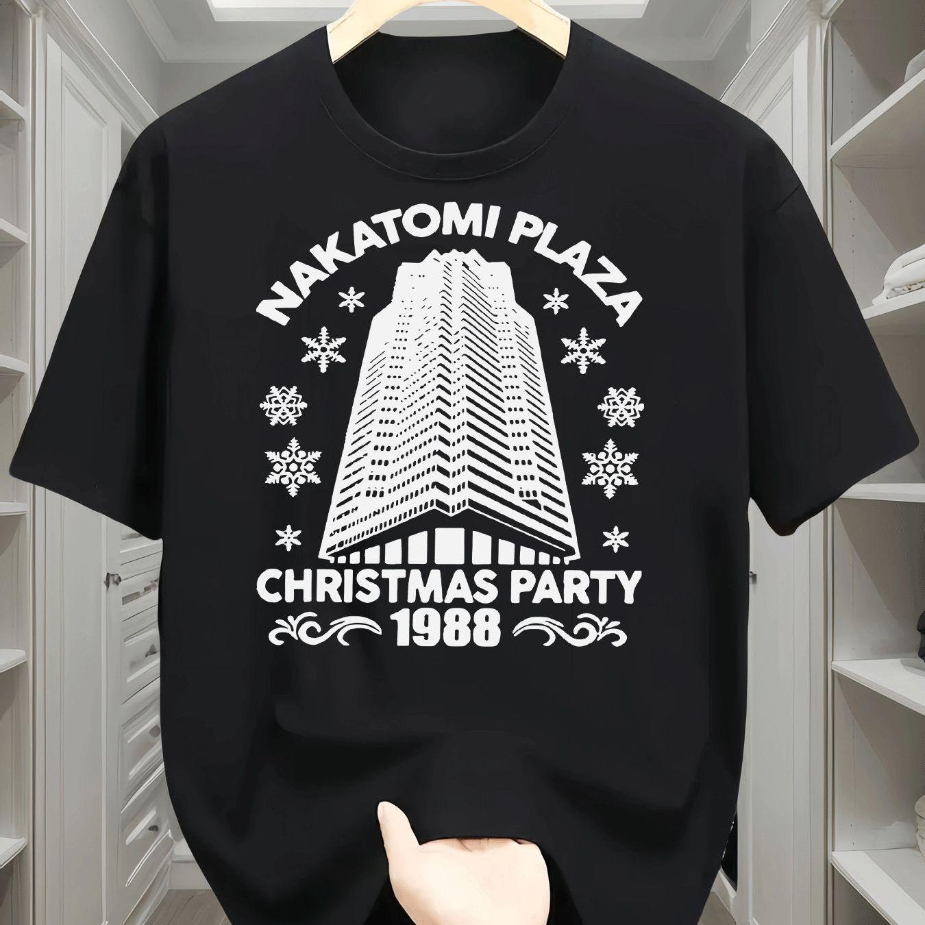 MenS Nakatomi Plaza 1988 Christmas Party Graphic TShirt Retro 80s Movie Design with Skyscraper Building Snowflakes L