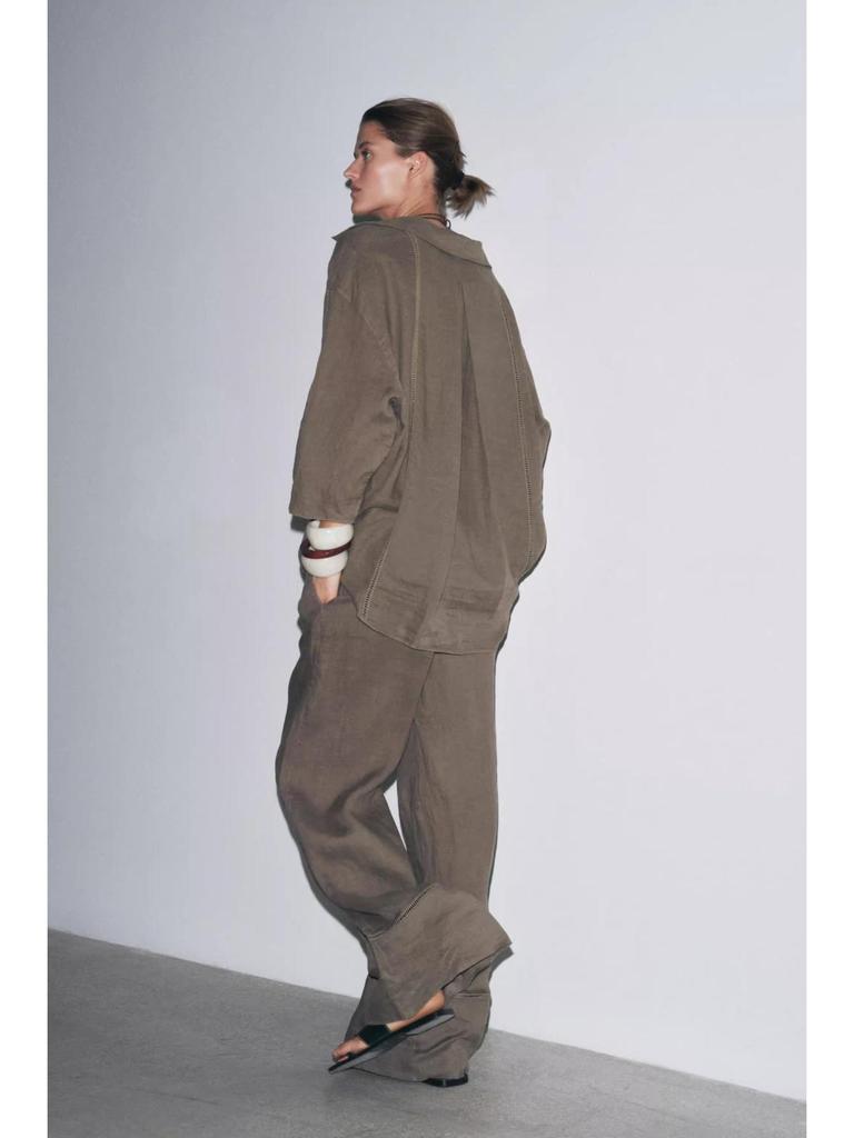 Spring 2025 Women's Linen V-Neck Long Sleeve Shirt & Wide-Leg Pants Casual Set