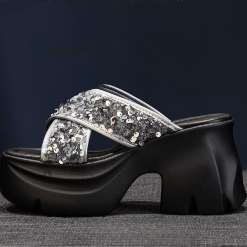 Chunky Slippers Summer New Round Head Waterproof Table Sequin Cloth Cover Foot Non-slip High-heeled Sandals