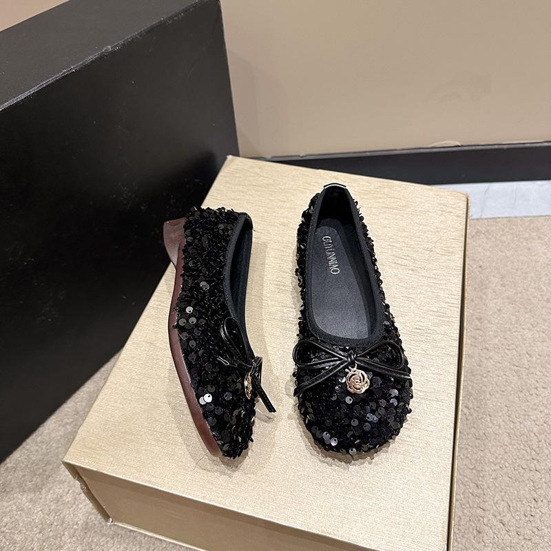 

French retro silver bow fairy shoes gentle lady with skirt square head flat bottom soft sole sequined single shoes women 40 чёрный