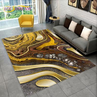 3D barva zlatá, Nordic Marble Splendid Area Koberec,Koberec pro domácí Obývací pokoj Ložnice Pohovka Rohožka Kuchyně Dekor, Protiskluzová podložka na podlahu