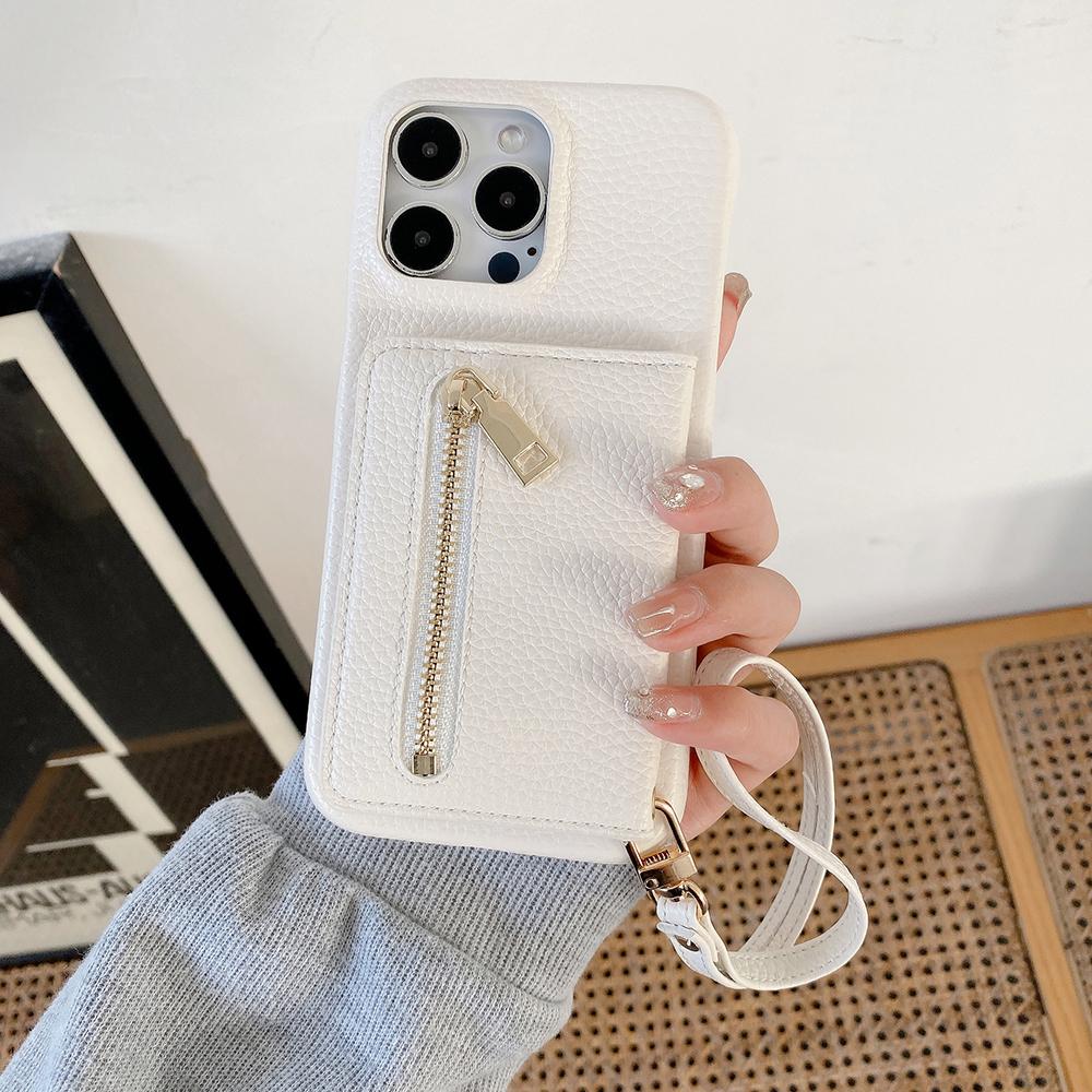 For iPhone 14 Pro Max Case Card Slots Kickstand PU Leather Back Cover with Zipper Pocket, Wrist Strap