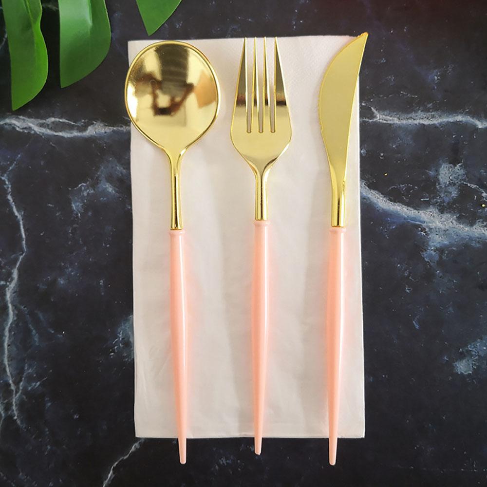 

24Pcs/Pack Gold Knives Forks Spoons Set Tableware Colorful Gilt Plastic Food Grade Disposable For Birthday Party Cake Fruit Desserts Dinner золотий/рожевий