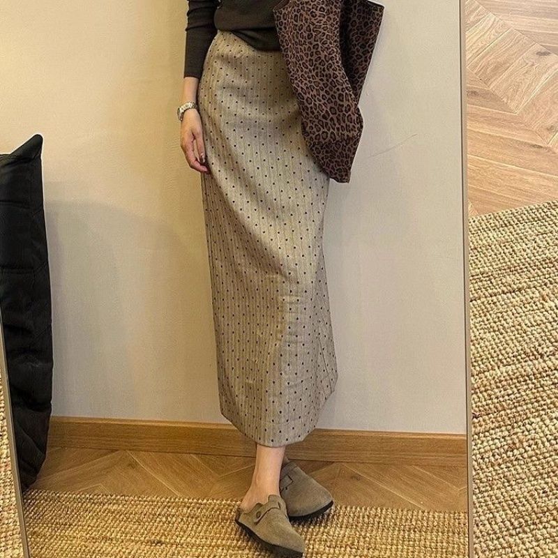 

Flocked Heart Dot Midi Skirt Women High Waist A Line Slit Pocket Long Skirt Spring Autumn Fashion S