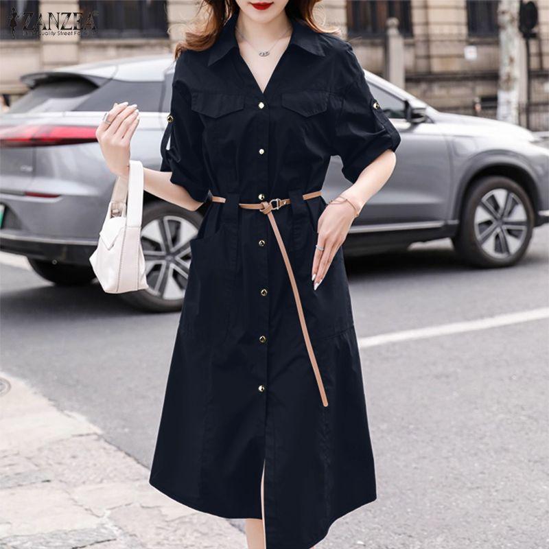 ZANZEA Dámské ležérní košilové šaty s ohrnovacím límcem, volného střihu, s polovičním rukávem