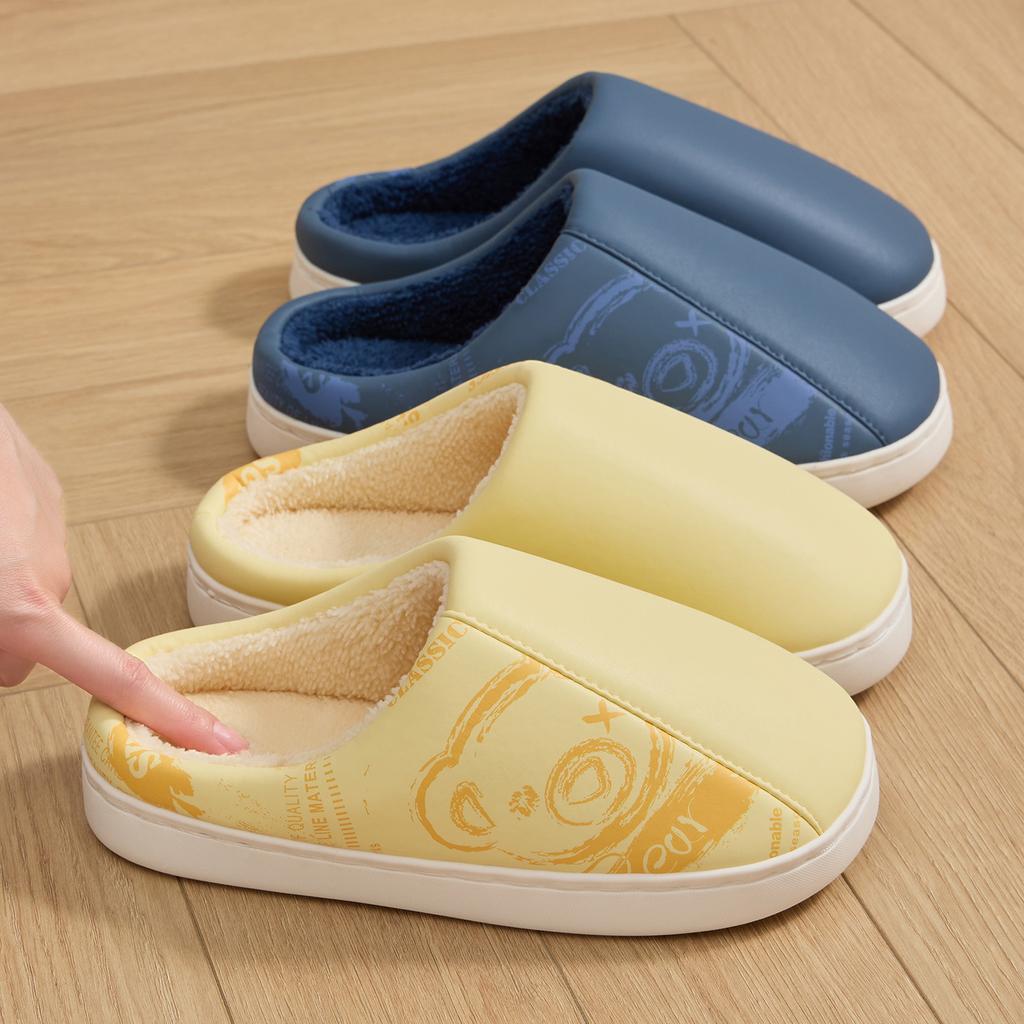 Couple pu leather waterproof cotton slippers autumn and winter home soft bottom non-slip piled warm plush cotton mop