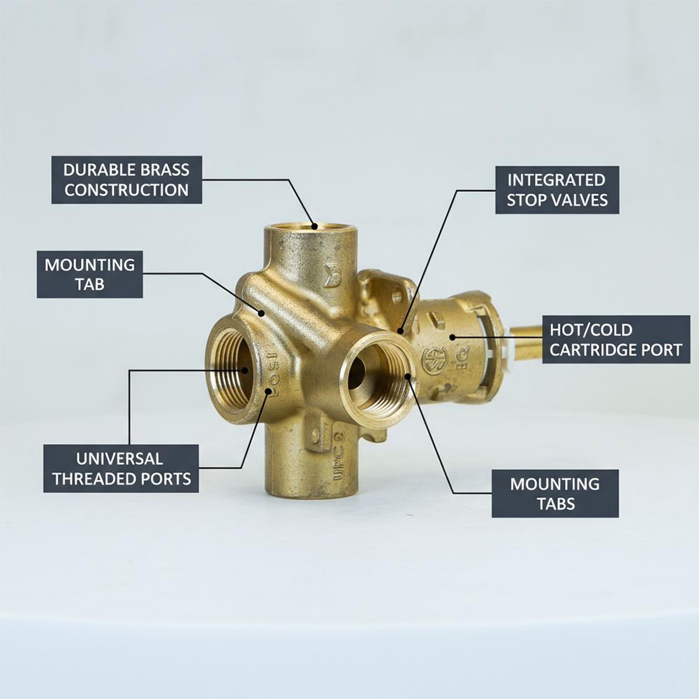Shower Valve Brass Shower Valve Replacement Stable Temperature Valves Wear-resistant Corrosion-resistant 4Ports 13.5x12.5x12.5cm 1pc