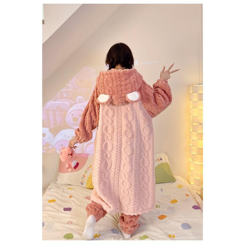 Autumn and Winter New Cute Hooded Nightgown Little Beaver Coral Fleece Pajamas Women's Winter Women's Pajamas Set