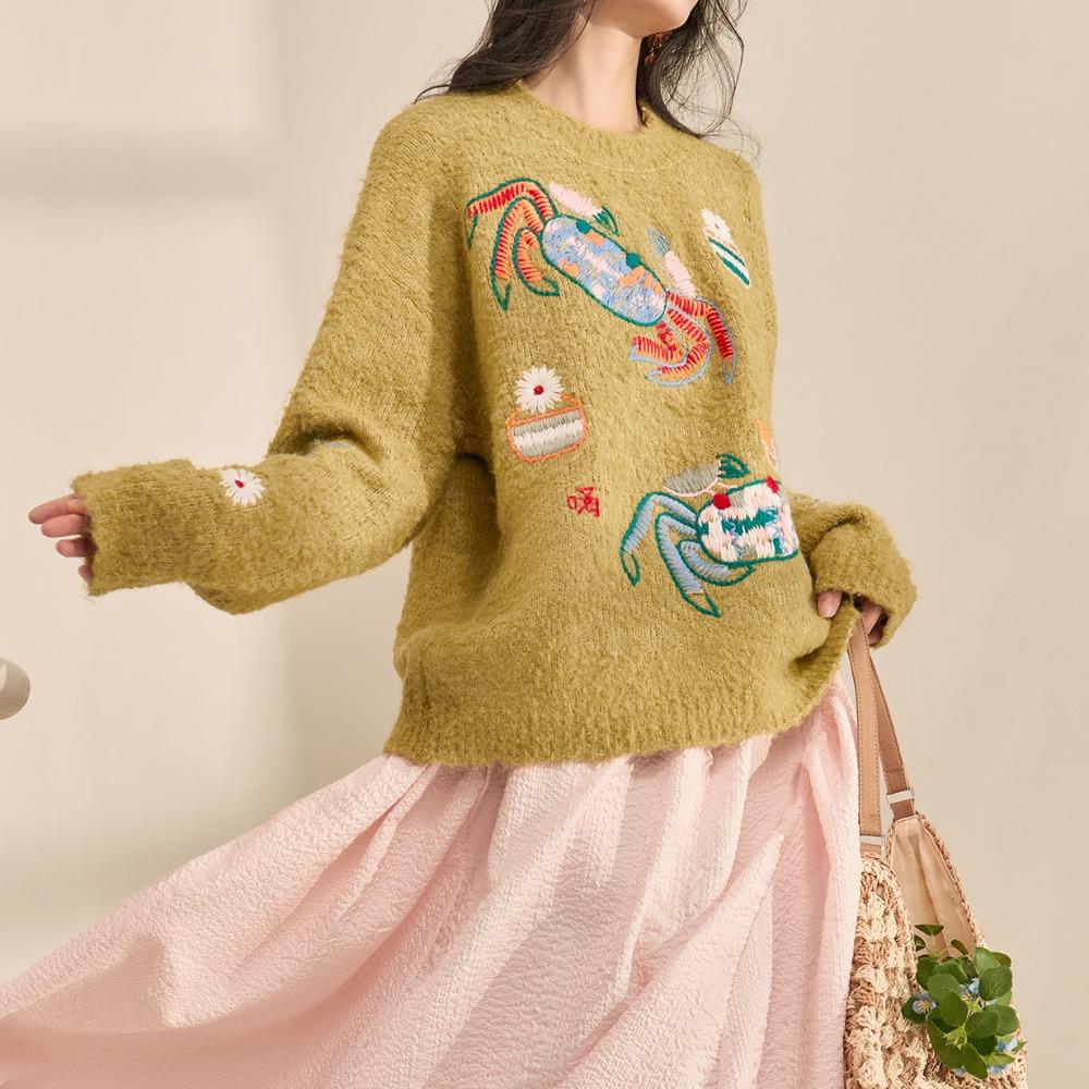 Dimanaf 2025 Women Autumn Embroidery Sweater Design Basic New Fashion Tops Tees Casual Loose Tees