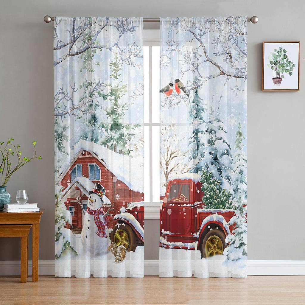 Christmas Tree Bells Village Snøing Tyll Rene vindusgardiner til stue Soverom dekor Voile Gardiner Gardiner